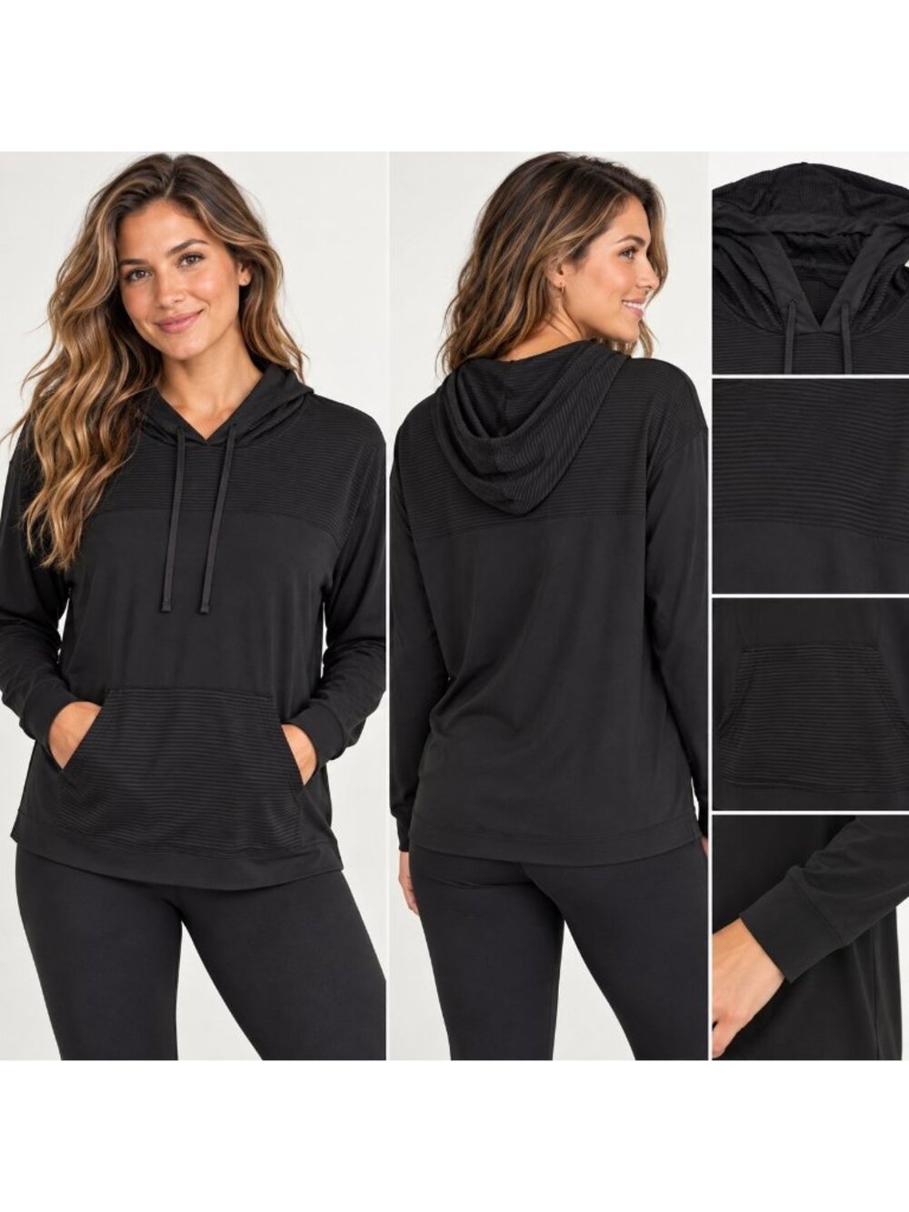 Victoria Sport Black Ribbed Hoodie XS Lightweight Pullover Athleisure Top